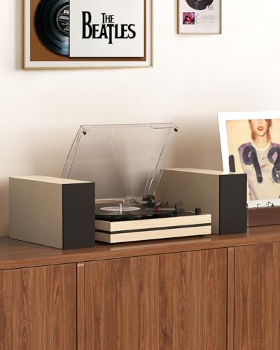 Image of Record Player for Vinyls with Two External Speakers Belt-Drive Turntables Vinyls Records Dual Stereo Speakers LP Players 3 Speed 3 Size Wireless AUX-in Auto Stop Stylish New Sleek Wood Lvory White