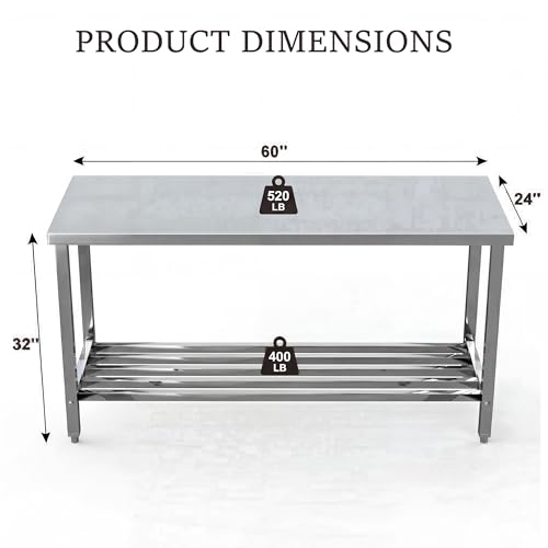 Garvee 60" x 24" Stainless Steel Folding Prep Table, Heavy Duty Commercial Work Table with Adjustable Undershelf for Restaurant, Kitchen, Food Service, Space-Saving, No Installation Required image 11