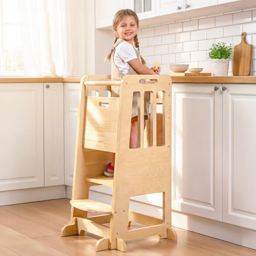 WINGYZ Toddler Tower - Anti-Tip Natural Wood Learning Stool for Kids 18M-6Y, 150lb Capacity Kitchen Helper Stool with 3-Height Adjustable Platform and Sliding Door Access, 20lb Portable Design, Wood