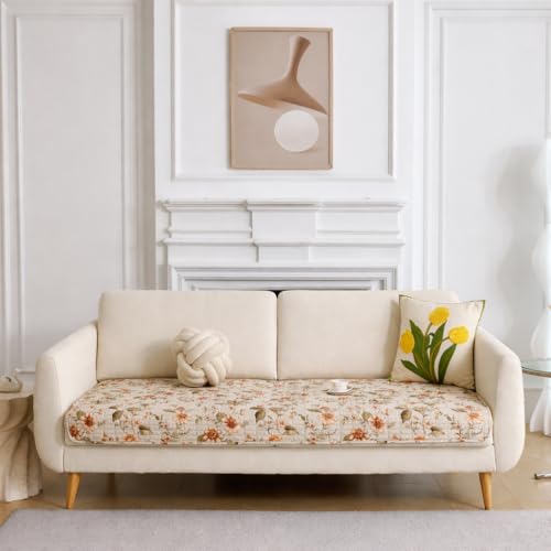 Image of HOMETHREADS Anti-Skid Sofa Protector Mat: Premium Printed Cotton Slipcover with Strong PVC Non-Slip Backing, (White Green, 2 Seater | 140x75cm)