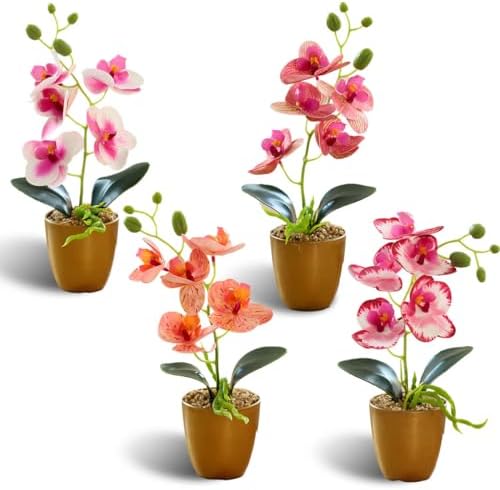 4 Künstliche Orchideen Im Topf - Weiß, Gelb, Rosa & Hellrosa Für Tischdeko