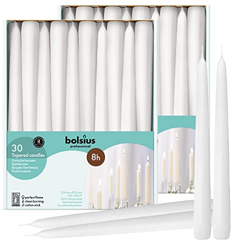 BOLSIUS 60 Count Household White Taper Candles - 10 Inches - Premium European Quality - 8 Hours Burn Time - Unscented Dripless and Smokeless Home Decor, Restaurant, Wedding, and Party Candlesticks