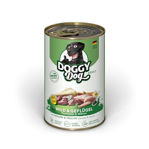 DOGGY Dog Paté Wild & Geflügel, 6 x 400 g, Nassfutter für Hunde, getreidefreies Hundefutter mit Lachsöl und Grünlippmuschel, Alleinfuttermittel mit Pastinake und Möhre, Made in Germany