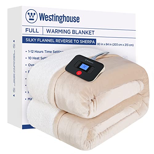 Westinghouse Electric Blanket Full, Heated Blanket Full Size with 10 Heating Levels and 1 to 12 Hours Heating Time Settings, Flannel to Sherpa Reversible, Machine Washable (80" x 84", Beige)