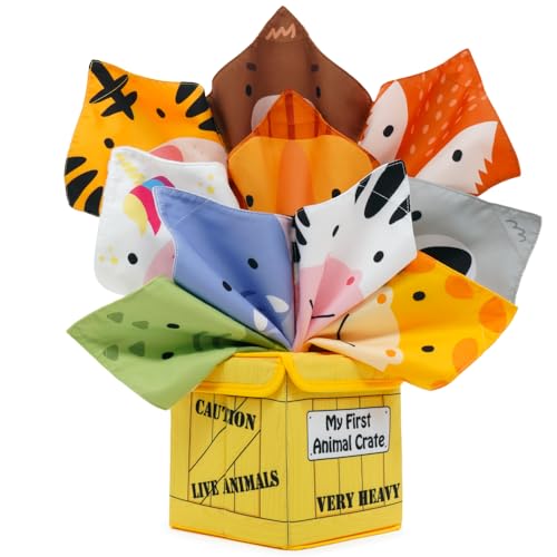 Image of Urban Kiddy™ My First Animal Crate | Sensory Baby Tissue Toy Box, Montessori Toys for Infants & Toddlers, Imaginary Play, Colorful Crinkle Textured Pull Scarves, Educational Preschool Learning
