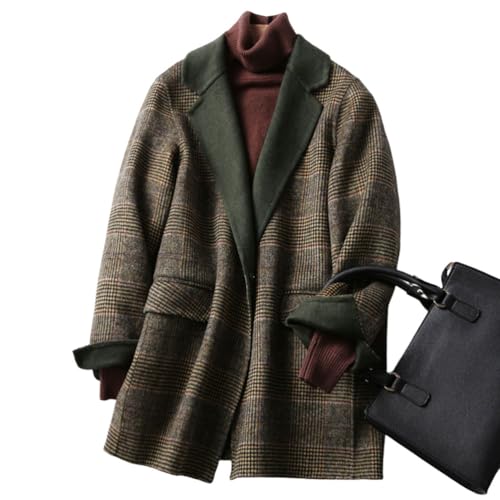 Womens Wool Trench Coats Autumn Winter Wool Plaid Coat Mid-Length Woolen Overcoat Jackets Outwear