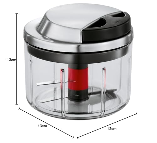 Foto von RÖSLE Multischneider, Hochwertiger Zerkleinerer für Obst und Gemüse mit extra scharfem Messer, Edelstahl 18/10, inkl. Kräuterkörbchen, Mixer-Einsatz und Aufbewahrungsdeckel, 13 x 13 x 12 cm, Silber
