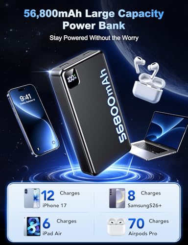 Image of Portable Charger Power Bank, 56800mAh Battery Pack, 22.5W Fast Charging Portable Phone Charger for Camping Travel Essential Compatible with iPhone 17 /16 /15 /14 /13 Series, Samsung, Google,iPad-Black