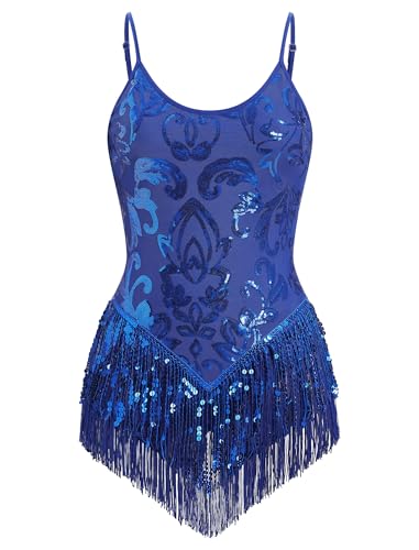 FYMNSI Damen Pailletten Latein Tanz Body Rave Outfit Ballettbody �rmellos Glitzer Gymnastikbody Quaste Bodysuit Damenbody Stringbody Trikot Leotard...