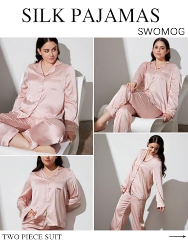 Image of SWOMOG Long Sleeve Pajamas Set Silk Satin Sleepwear Button Down Pjs Loungewear with Pocket