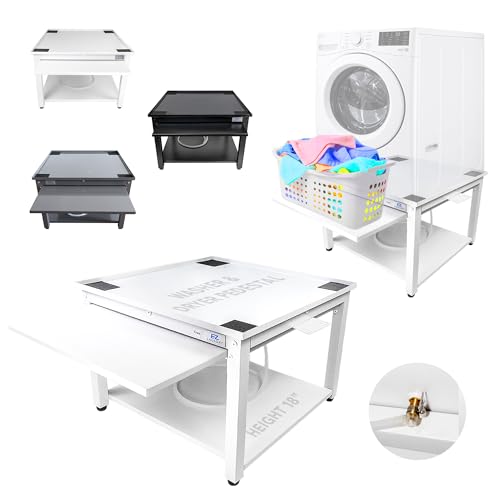 Washer and Dryer Pedestal with Pullout-Shelf - 29' W, 18' H, White Steel Universal Fit with Major Brands | Laundry Pedestal with Drain Pan & Hose | Washer Stand for Back Pain Relief, 800 lbs Capacity