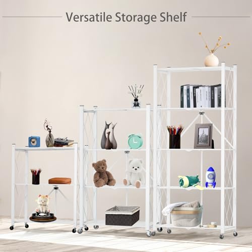 Image of 3 Tier Foldable Storage Shelf with Wheels Heavy Duty Garage Shelving | Unit Loads 550 LBS, Metal Steel Collapsible Shelves, Rolling Standing Utility Rack for Kitchen, Pantry, Office, White