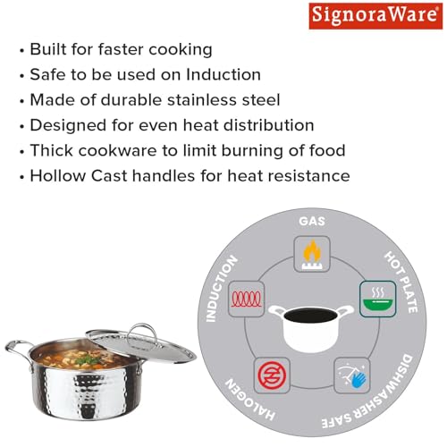 Image of Signoraware Artista Tri Ply Stainless Steel Hammered Stewpot 24cm with Lid | Induction & Gas Compatible | Durable | Perfect for Boiling Vegetables or Pasta | Ideal for Cooking Soups & Stews (Steel)