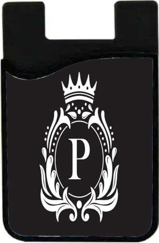 Island Gifting - Letter P Monogram - Fancy Crown on Black Design - Stick-on ID Card Holder for iPhone/Galaxy/Google Android Cases