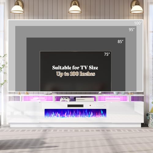 Image of AMERLIFE 90 inch High-Gloss Fireplace TV Stand with 50 inch Electric Fireplace | White LED TV Console, Modern Living Room Entertainment Center, Fits TVs up to 100 inch, 2 Cabinets, 2-Tier Storage Space