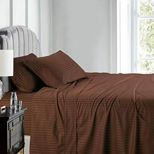 LUXURIOUS BEDDING 800-Thread-Count Egyptian Cotton Wrinkle Resistant 25" Deep Pocket 4 PC Sheet Set (1 Fitted + 1 Flat + 2 Pillow Cases) Super King Size Chocolate Striped