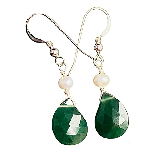 Green Jade Earrings Pearl Earrings Natural Jade Sterling Silver Earrings teardrop Earrings Real Natural White Pearl Wire wrap Green Emerald Earrings Unique Handmade Gift Jewelry For Women