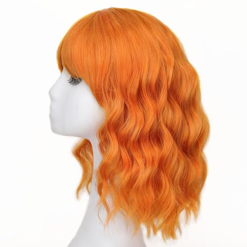 Image of AISI HAIR Orange Synthetic Wavy Curly Bob Wig with Bangs Short Wavy Hair for Women Synthetic Heat Resistant Bob Wigs