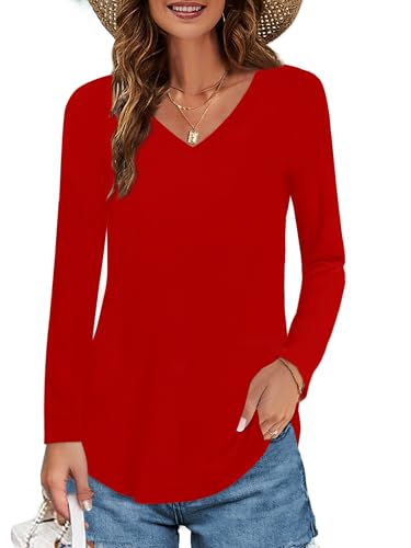 Image of Elesomo Womens T Shirts V Neck Summer Short /Long Sleeve Cotton Tops Tees