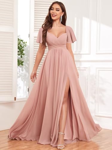 Chiffon Bridesmaid Dresses Long Scoop Neck Short Sleeve Pleated Formal Dress with Slit3