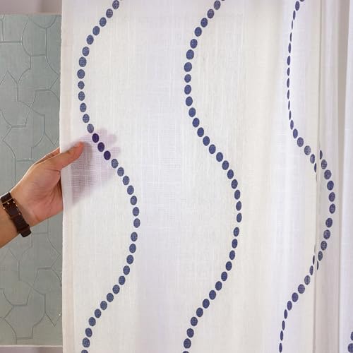 Image of HOMEMONDE Cotton Curtains for Window - Transparent Sun Light Filtering Sheer 5 Feet Curtain, Rod Pocket Top Style Pack of 2 - (Wave Blue, 60 Inch)