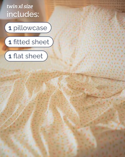 Image of Twin XL 3 Piece Floral Sheet Set - Breathable & Cooling - Petite Garden | 1 Flat, 1 Fitted & 1 Pillowcase w / Deep Pockets, Boho Botanical Floral Bedding, Breathable & Cooling, Wrinkle & Fade Free