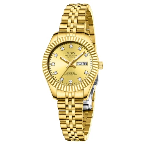 NIBOSI Watches for Women Analog Quartz Stainless Steel Dial with Day Date Luminous Waterproof Dainty Classic Luxury Diamond Elegant Dress Women's Watch for Small Wrists