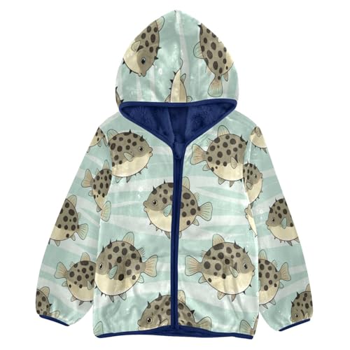 Fish Pattern Pufferfish Toddler Fleece Jacket Girl Boys Hooded Fleece Jacket Coat Warm Outwear Zip-up 3-10T