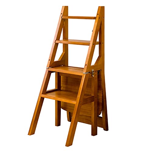 Silla de escalera de madera de 4 niveles, plegable, multifunción, biblioteca, estantería, silla de escalera para cocina y oficina, nogal