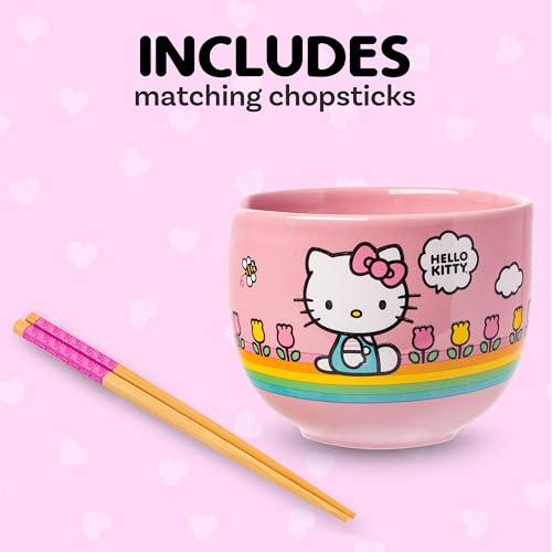 Image of Silver Buffalo Sanrio Hello Kitty Spring, Ramen Bowl with Chopsticks, 20oz | Summer Flowers, Rainbow Stripes, Ceramic, Noodle Rice, Microwave Safe, 0.59 Liters