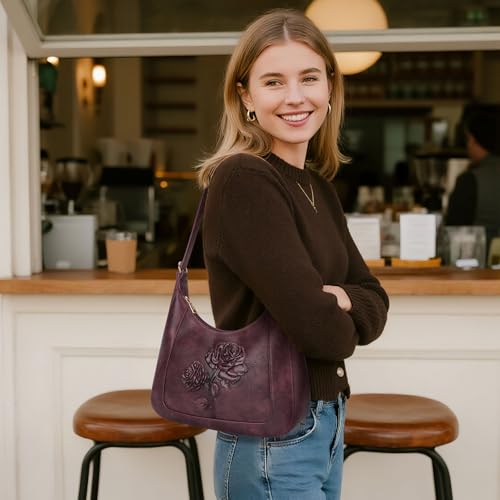 Image of Shoulder Bag for Women, Small Embossed Vegan Leather Hobo Purse | Elegant Crescent Shape Shoulder Purse with Top Handle, Adjustable Strap, Underarm Style for Daily Use, Travel & Gift Choice