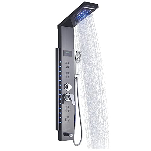 SilteD Top Design Panneau de Douche LED 5 Fonctions Robinet de Douche de Salle de Bain Montage Mural Colonne de Douche Froide et Chaude Noire, Douche Noire