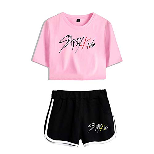 KPOP Stray Kids Conjuntos Deportivos para Mujer Album MIROH Chándales Deportiva Camiseta y Pantalones Cortos Cuello Redondo Crop Top Deportiva Corto T-Shirt Verano para Yoga Fitness