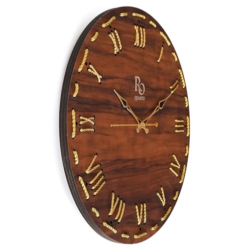 Image of Wooden Round Shape Roman Dial Wall Clock with Golden Hand & Golden Zari Rope Detailing | Stylish Silent Quartz Movement Anti Reflection Analog Vintage Clock for Home (Brown, 15.5 Inch)