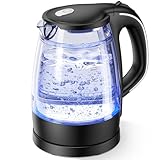 HAGOOGI 電気ケトル ガラス 【二重構造・火傷防止】 ガラスケトル 透明 【無害・無臭】 耐熱ガラス 触れても熱くない 湯沸かしポット 急速沸騰 LED ライト付き 大容量 1L お手入れ簡単 沸騰自動 OFF/空焚き防止機能 コーヒー・お茶・ミルクに最適 クリスマスギフト