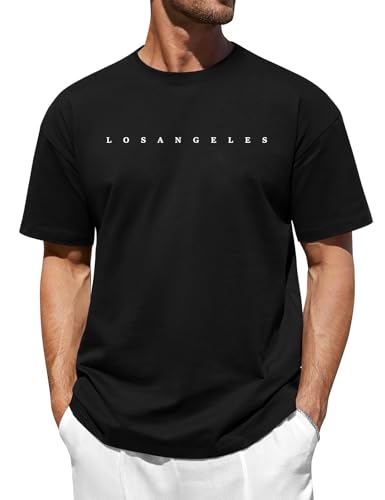 Xnova Maglietta da Uomo in Cotone con Stampa a Lettere, Casual Magliette a Maniche Corte con Collo Rotondo Relaxed Fit Classic Tee Tops Heavyweight (LosAngeles-Nero, S)