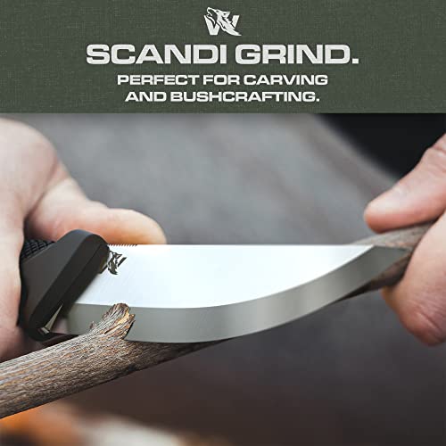 ODENWOLF W-SCANDI Full Tang Survival Knife with Sheath - Stylish Tactical Fixed Blade - Made of D2 Steel - Bushcraft and Camping Knife Survival - Perfect EDC Hunting Knife with TPE Handle