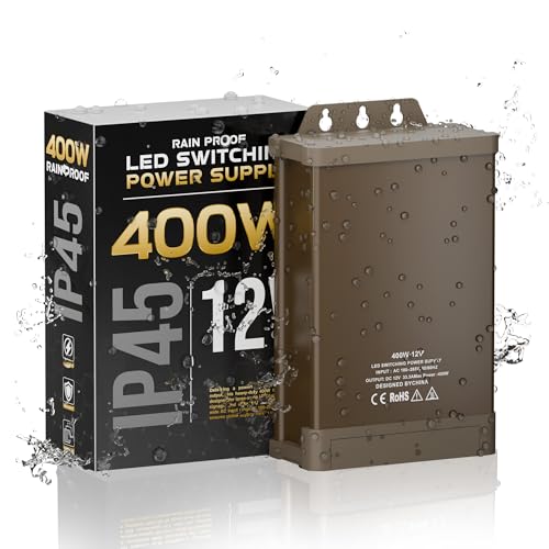 12V 400W Rainproof LED Driver Transformer, AC 187-262V to DC 12V 33.3A Power Supply, Constant Voltage Converter for LED Strips, Signs, Lighting Indoor & Outdoor Use.