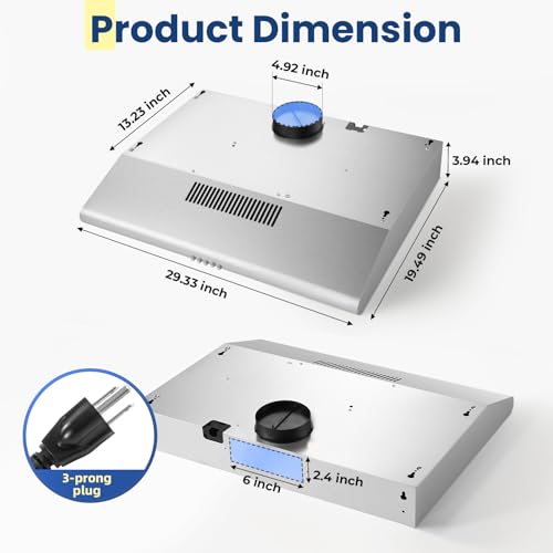 Image of Under Cabinet Range Hood 30 inch, Stainless Steel Kitchen Hood with 280 CFM, Button Controls, Stove hood with Carbon Filter, Ducted /Ductless Convertible, 2 Pcs Aluminum Filters