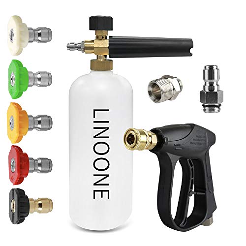 Linoone Foam Cannon Wash Gun Kit Pressure Washer Gun with 5 Nozzle Tips Snow Foam Lance Foam Blaster for 3000PSI Pressure Washer | M22-14mm and 3 8  Quick Connector | 1 4” Quick Outlet Connector