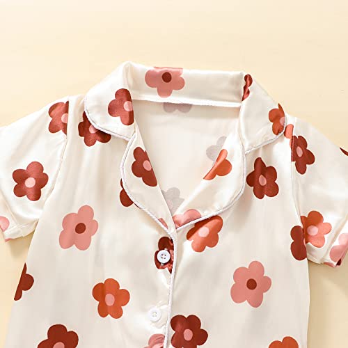 Qiylii 1-6Y Toddler Girls Floral Silk Pajamas Short Sleeve Button-Up Top Shorts Summer 2PC Flowers Satin Pajamas Set3
