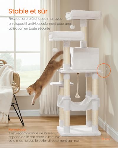 Arbre à chat de 143 cm blanc crème avec niche et hamac