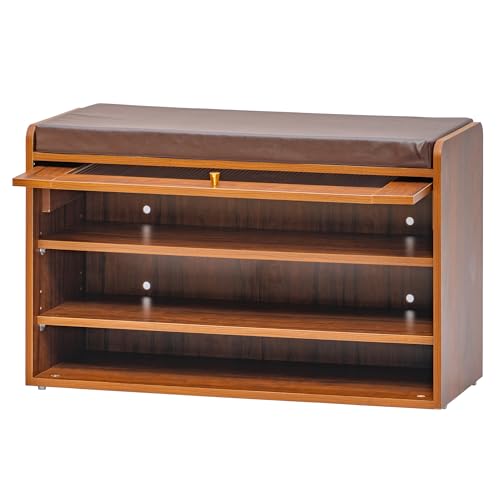 Image of Rocco Rosso Shoe Cabinet with Seat for 12 Pairs | Lift-Up Acrylic Fluted Shutter | Engineered Wood Shoe Rack Bench with Adjustable Shelves | Scratch-Resistant | Hallway Bedroom Entryway (Teak Brown)