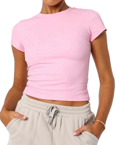 Women's Basic Summer Short Sleeve Crewneck T-Shirts Y2K Cute Going Out Tops Baby Tee(Pink,Small)