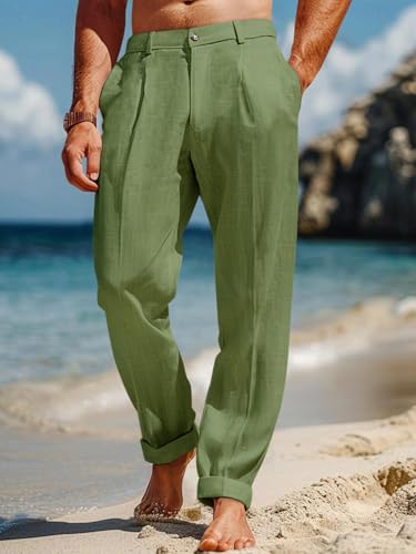 Image of Runcati Mens Casual Pants Elastic Waist Lightweight Loose Pleated Slacks | Summer Beach, Yoga Trousers, Button Closure, Straight Leg, With Pockets, Solid Color