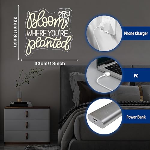 Image of Bloom Where You'Re Planted Neon Sign, Inspirational Neon Light USB Powered LED Flower Sign Dimmable, for Office Motivational Graduation Gift Bedroom Room Living Room Library(12.9 * 12.9 In)