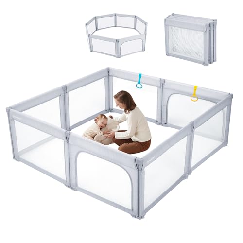 Image of Foldable Baby Playpen, Shape & Size Adjustable Playpen for Toddler, 79x71 Large Play Pens Safety Mesh Foldable Playard for Babies, Portable Baby Fence Play Area Kids Play Pen, Grey