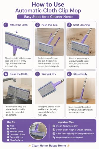 Image of Automatic Cloth Clip Mop, Flat Floor Cleaning Mop with Stainless Steel Handle, Purple