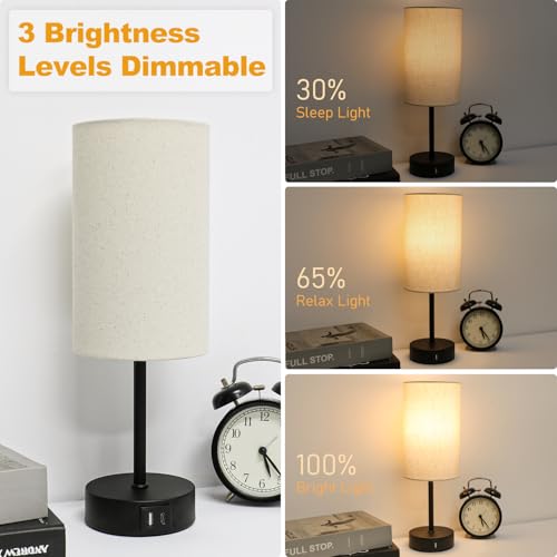 Bedside Lamps Touch Control, 3-Way Dimmable Table Lamp with USB A+C Charging Ports (Black Base-Beige Shade) - Image 3