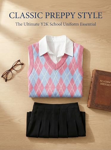 Image of SELINK Boys Girls V Neck Argyle Knit School Uniform Sweater Vest | Soft Cotton Polyester Blend Knitted Vest,Stockinette Stitch,Hand Wash Only For School Uniform Daily Wear